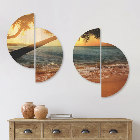 Designart 'Beautiful Sunset on Tropical Beach' Seashore Wood Wall Art Set of 4 Half Circles - Multi-Color