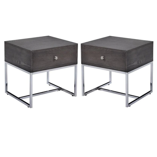 2-Piece Furniture Round End Table Set in Gray Oak and Chrome - 54 x 84