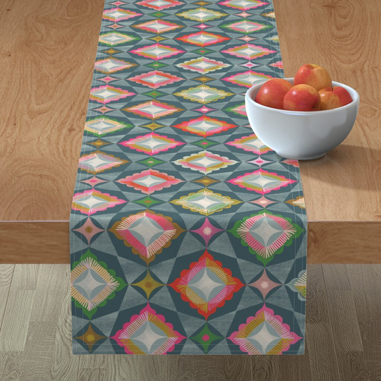 Holiday Stars Table Runner - Large Scale Star & Diamond By Asta Barrington Teal Geometric Cotton Sateen Spoonflower