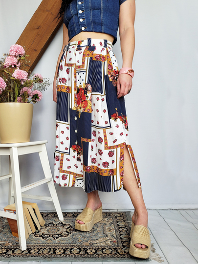 Vintage Skirt, 90S Colorful Floral Print Buttons Down Midi Retro Woman Clothing