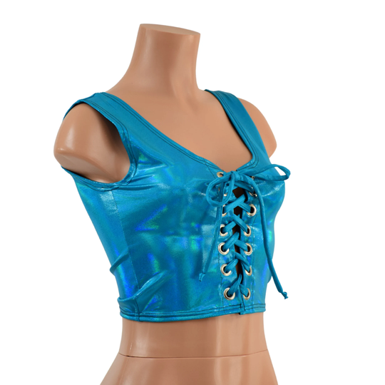 Lace Up Crop Tank in Peacock Blue Holographic 157903