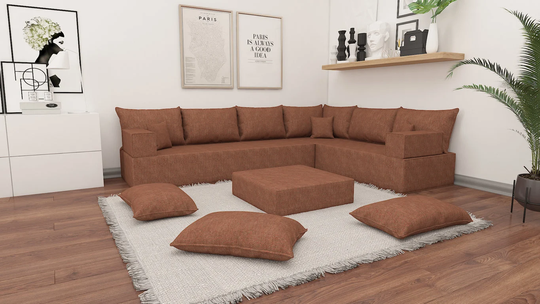 12" Thickness L Shaped Sofa, Linen Floor Sofas, Couches, Cushions, Daybed French Color K061, Reading Sofa
