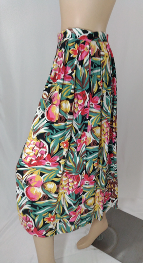 80's Colorful Skirt Women's Floral Pineapple Fruit Print Fitted Waist Flowy Rayon Pockets Excellent Condition Vintage By Miami Spice Size 14