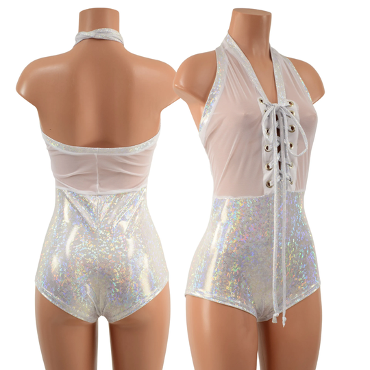 White Mesh & Kaleidoscope Bella Style Romper With Laceup & Siren Cut Leg 157888