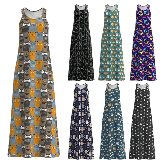 Cute Cats Pattern Pet Animal Theme Print Sleeveless Maxi Dress