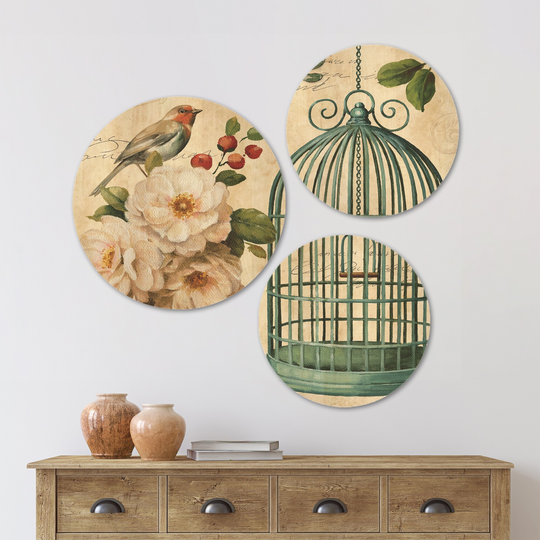 Designart 'Blue Cottage Bird, Birdcage and Apple Blossoms II' Floral & Botanical Wood Wall Art Set of 3 Circles - Multi-Color