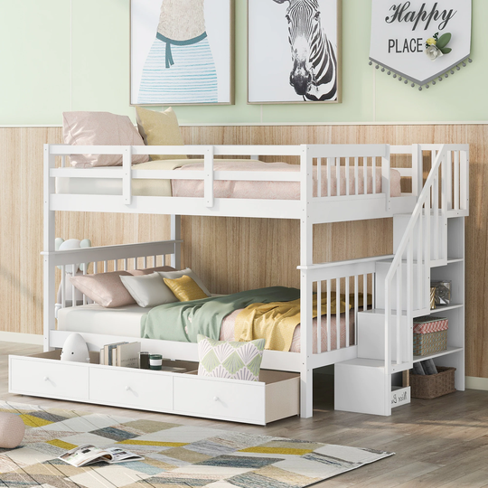 Stairway Full-over-full Bunk Bed with Drawer, Storage and Guard Rail and High Quality Solid Pine Legs Suitable for Bedroom