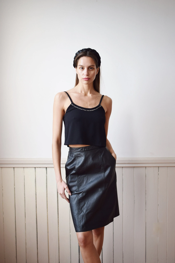 Vintage Black Leather Skirt | Xs 1980S Classic Pencil With Pockets
