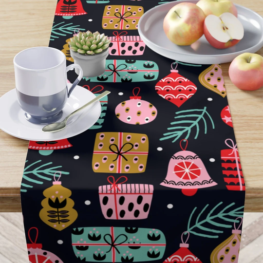 Dark Scandinavian Christmas Table Runner - Cute Ornament Runner, Mid Century Modern