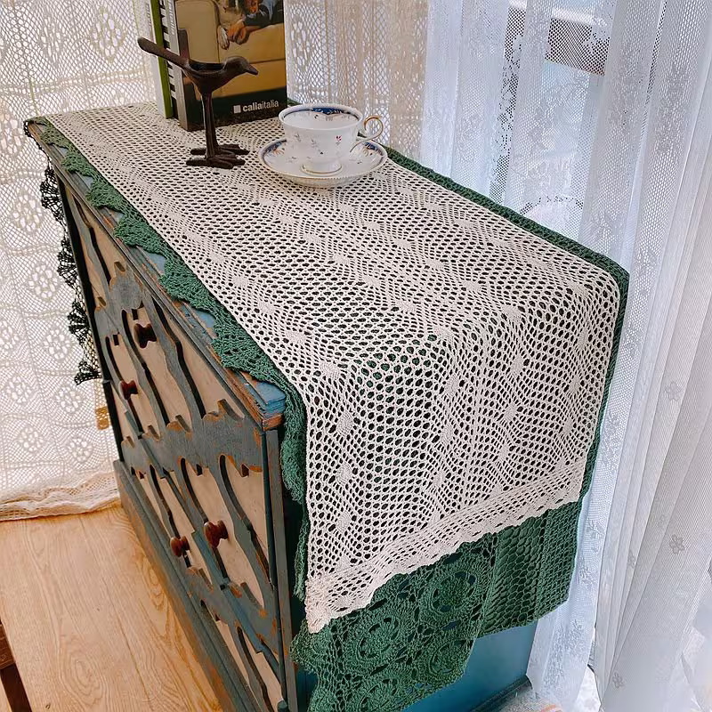 Pastoral Style Cotton Crochet Lace Table Runner | Boho Floral Pattern Table Runner| Handmade Rectangle Dust Cover Cloth For Wedding