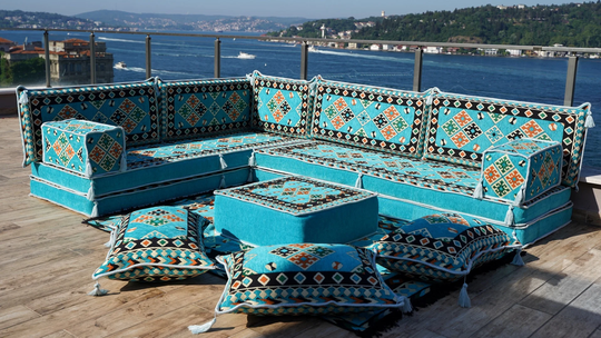 Sky Blue Arabic Seating, Floor Pillow, 8" Thick Light L Shaped Couch, Corner Sofa, Sectional Loveseat, Majlis