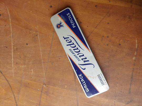 Vintage Pencil Box Hinged Lid Wallace Silvebrand Invader Empty 7" Little Advertising Box Pencil Pens