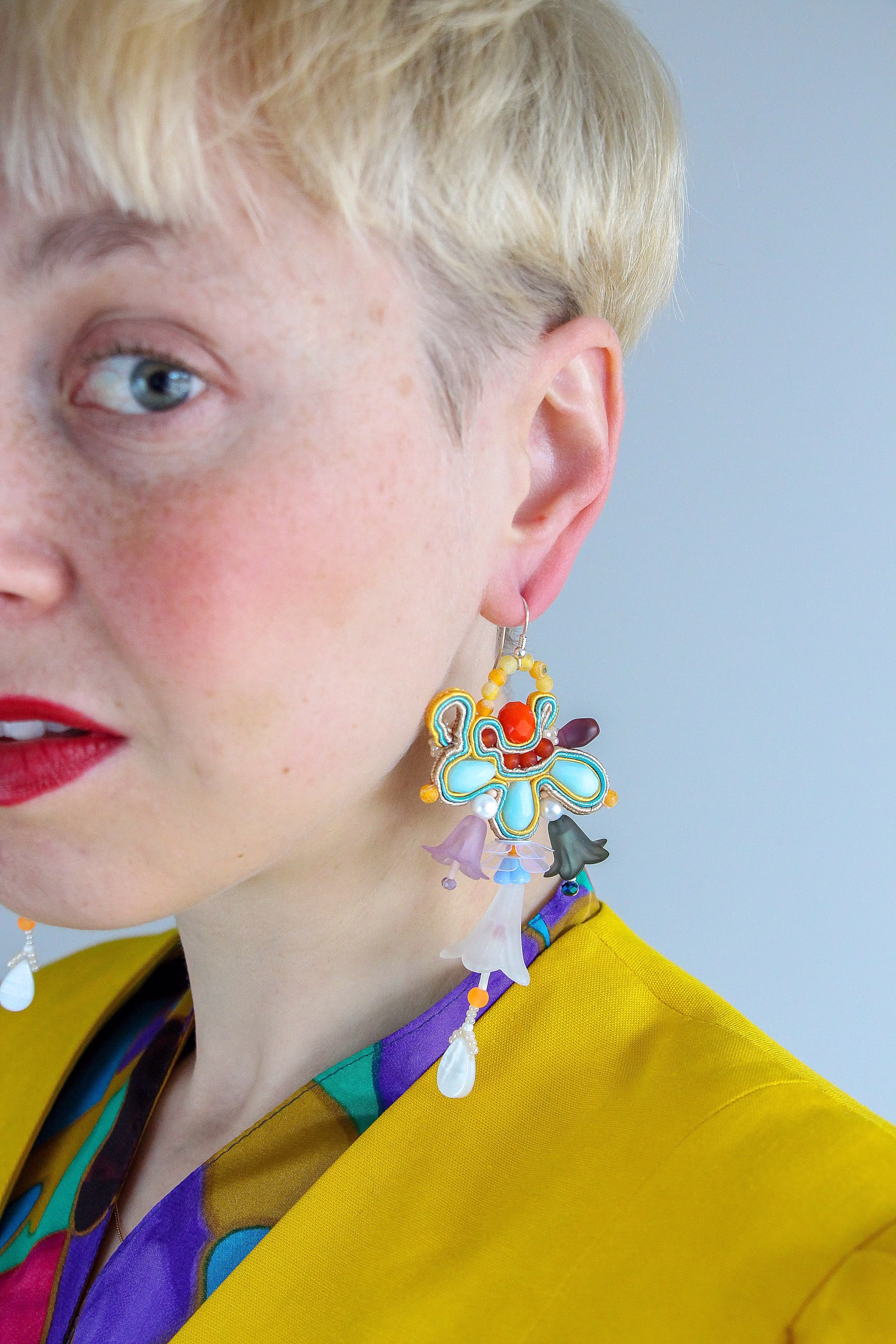 Colorful Soutache Earrings, Funky Large Beaded Flower Soutache Jewelry