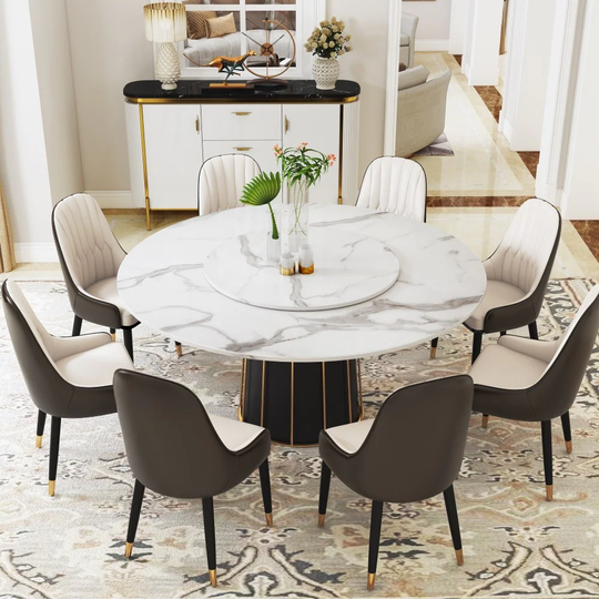 Round Marble Dining Table with White Table Turntable, Black and Gold Leg, Dining Room