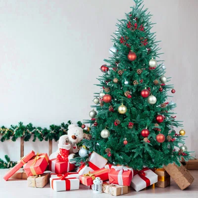 6Ft Artificial Green Christmas Tree With Pine Cone Red Fruit And LED String Lights