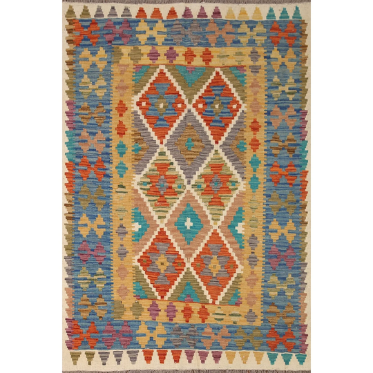 Southwestern Colorful Kilim Reversible Area Rug Flat-weave Wool Carpet - 4'2" x 5'7"