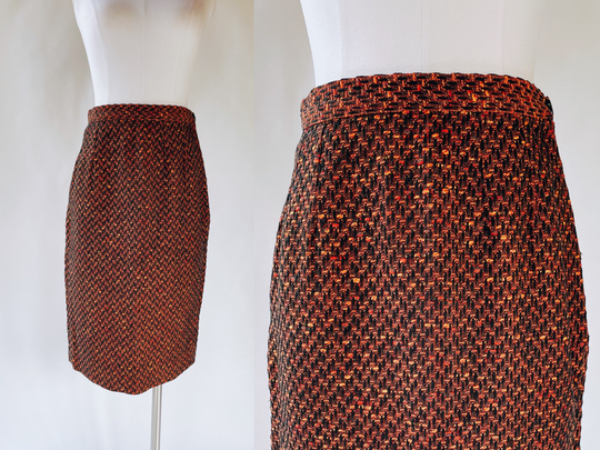 Vintage 50S-60S Handmade Tweed Fall Colors Pencil Skirt Size Xs | Thanksgiving, Orange, Black, Business, Casual, Winter, Metal Zipper
