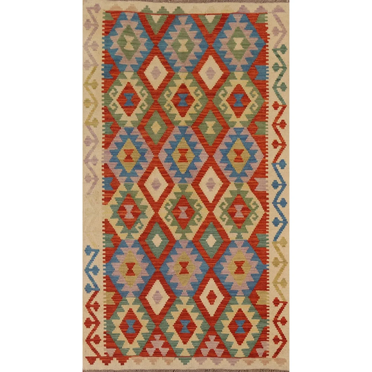 Multi-Color Kilim Oriental Area Rug Flat-weave Wool Carpet - 3'8" x 6'6"