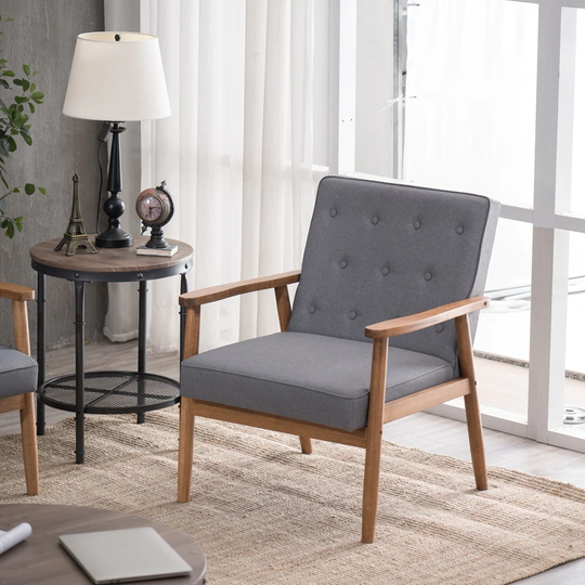 Retro Modern Wooden Single Accent Chair Grey Fabric Coshion