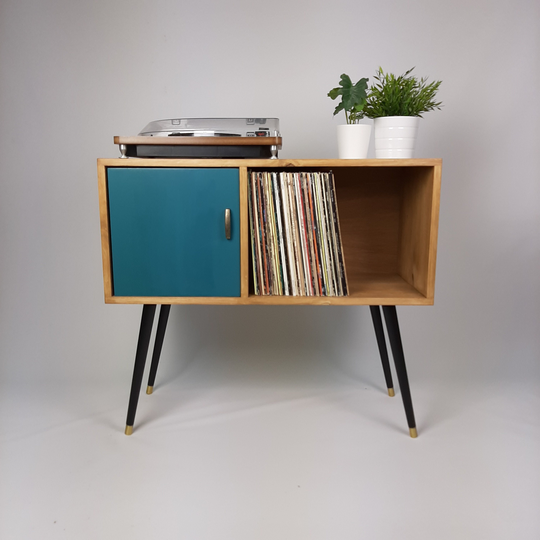 Oak Console Table | Blue Door & Original Vintage Brass Handle Vinyl Record Storage Credenza