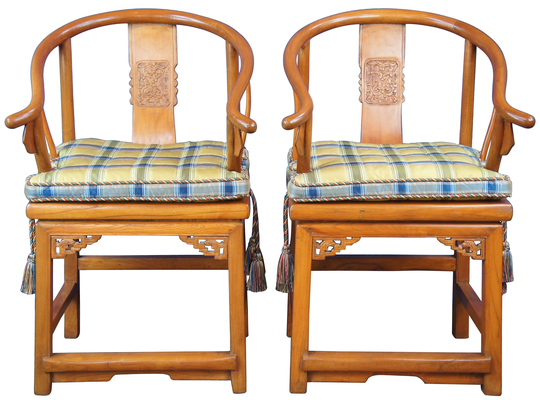 2 Antique Chinese Elm Qing Dynasty Horseshoe Club Lounge Yoke Arm Chairs Pair
