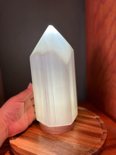 Large Selenite Pencil Lamp With Light Base