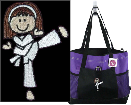 Karate Girl Cute Stick Figure Custom Embroidered You Choose Hair Color Gemline Select Zippered Tote Monogram + Free Name Martial Arts
