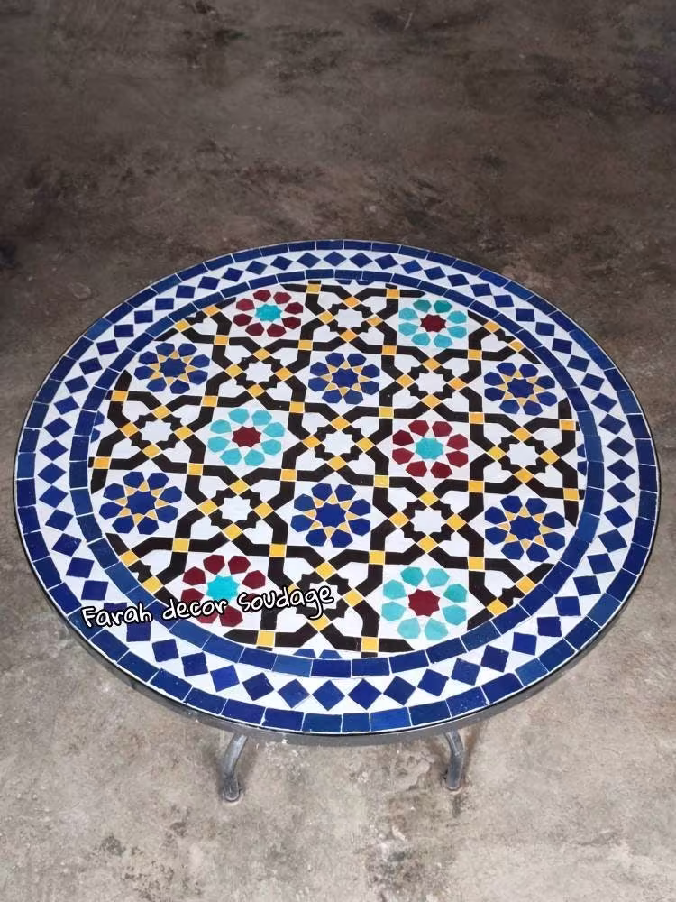 Customizable Mosaic Table, Multicolor Handcrafted Round Moroccan Table, Outdoor Wrought Iron Home Decor
