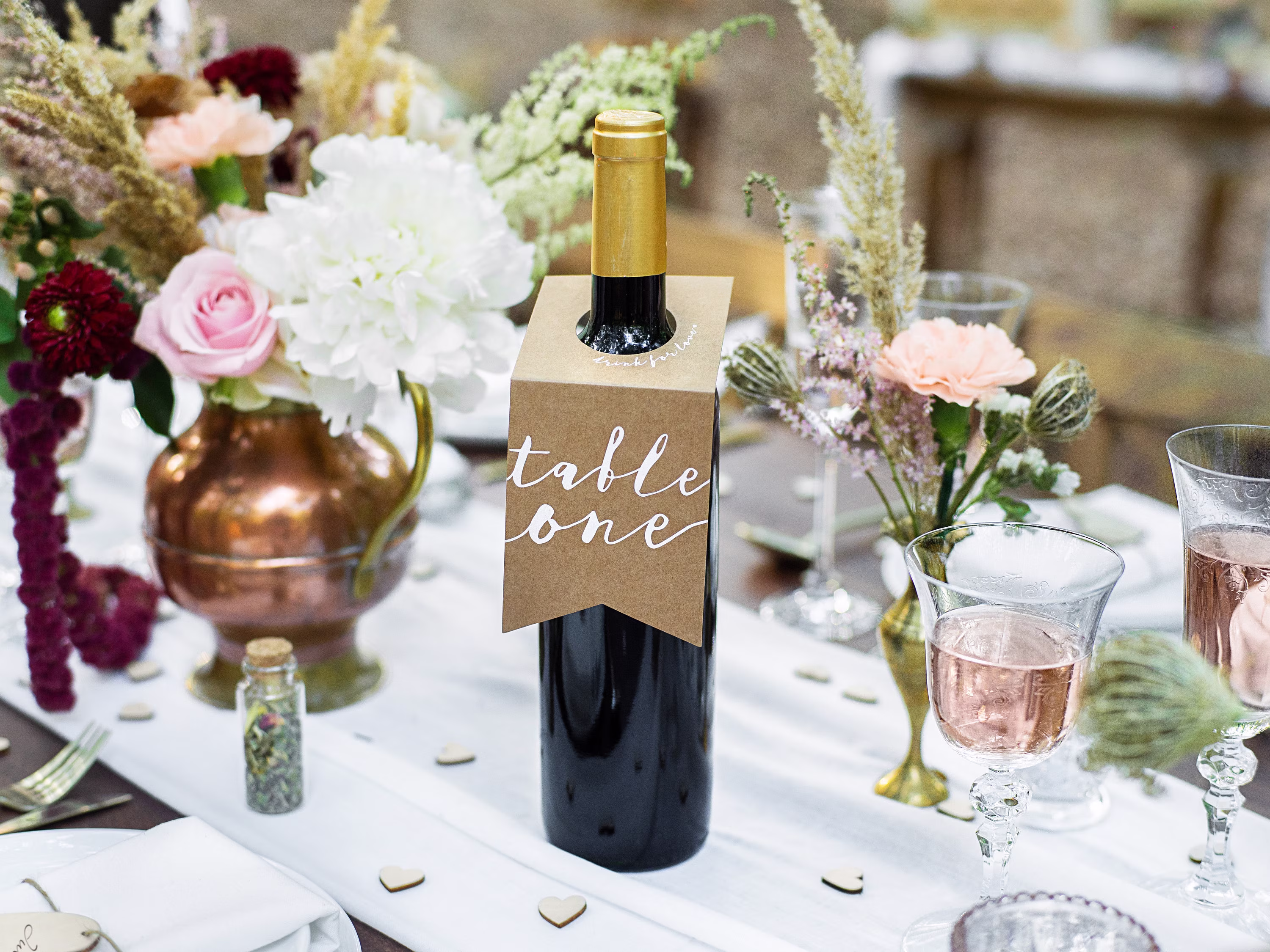Wedding Table Number As Bottle Hanger Tags Rustic Kraft Paper Brown White Script Text 1-10 Labels Seating Arrangement Hanging Tag