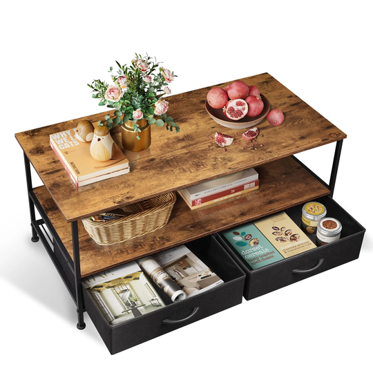 Coffee Table with Storage Drawers and Open Shelf, Mid-Century Modern Wood and Metal Cocktail Table for Living Room