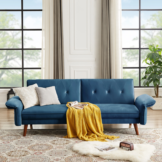 Modern Futon Sofa Bed, Convertible Sleeper Sofa with Tapered Wood Legs, 90" W, Small Split Back Sofa for Living Room