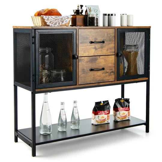 Gymax Industrial Buffet Sideboard Kitchen Cupboard w/ Metal Mesh Doors