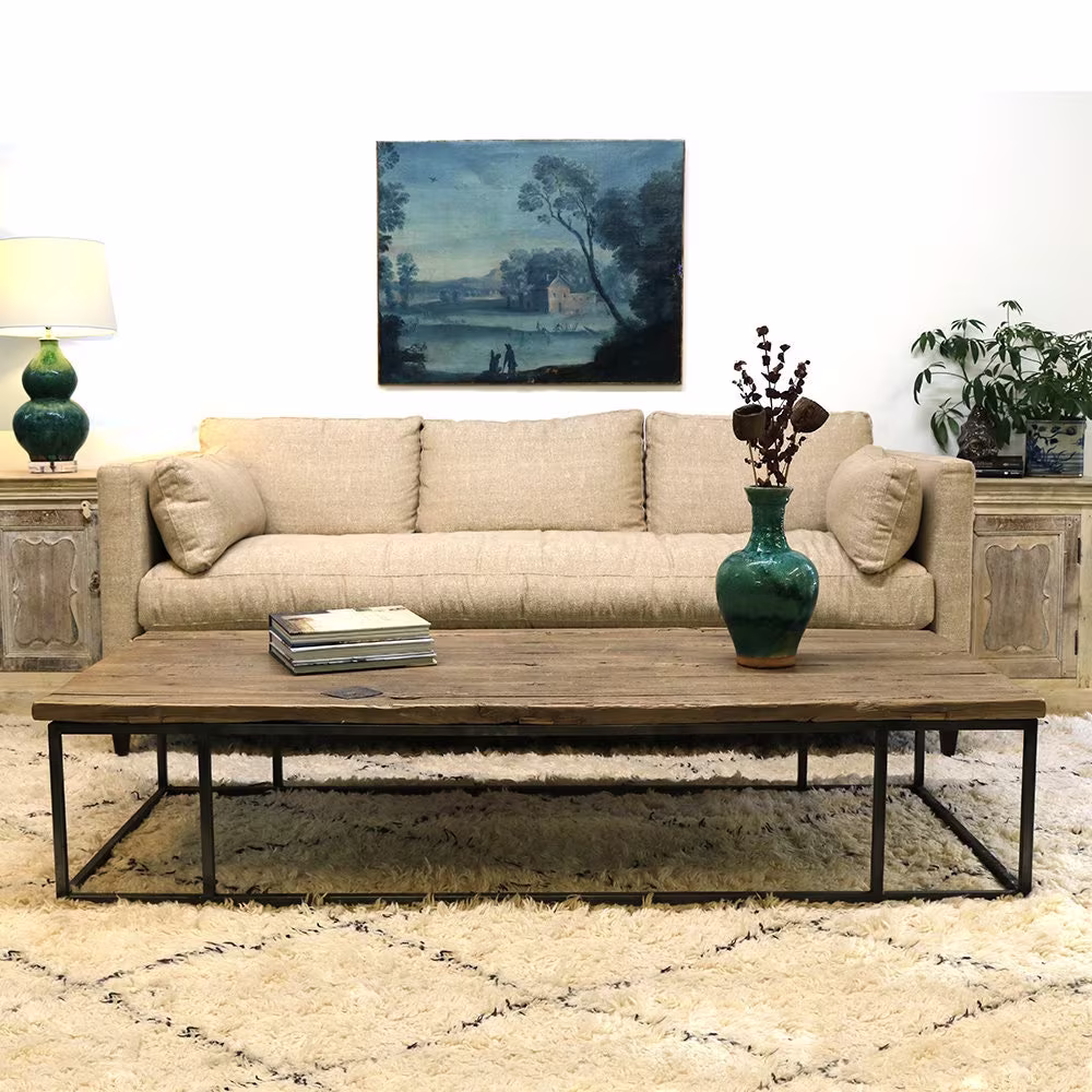 Antique Chinese Elm Door Coffee Table On Iron Legs