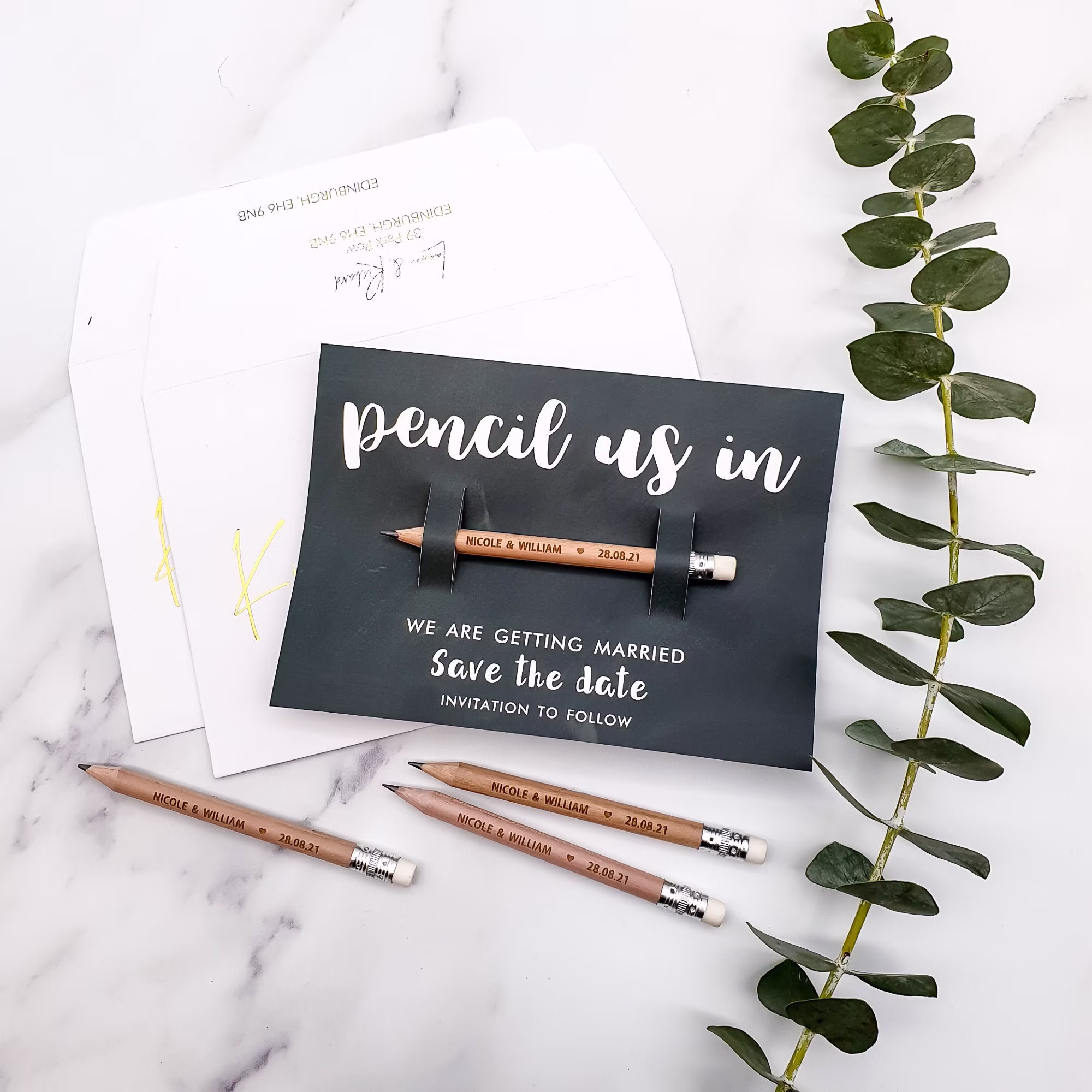Pencil Us in Save The Dates Personalised, Wedding Invitations, Engraved Pencil, Rustic Date, Invites, Wood The