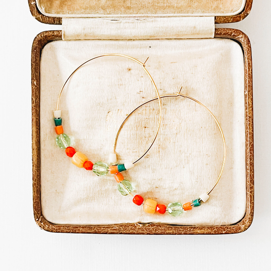 Big Colorful Hoop Earrings, Gold Beaded Hoops, Big Hoop Earrings, Beaded Hoops, Colorful Color Lover Jewelry, Gold Hoops