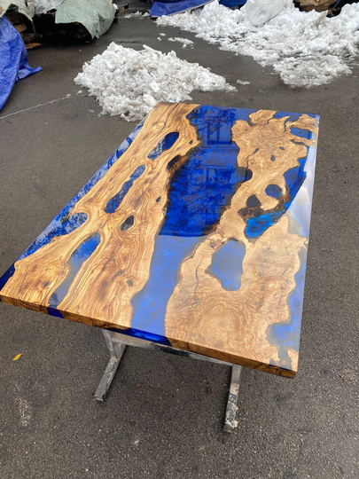 Handmade Epoxy Table, Custom 60" X 36" Olive Wood Blue, Turquoise River Live Edge Order For Selina A