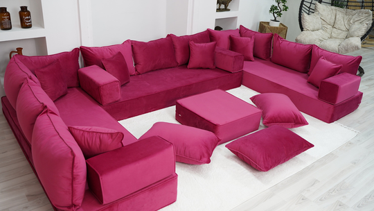 8" Thickness Velvet Pink U Shaped Floor Seating Sofas, Luxury Velvet Moroccan Home Decor Livingroom Arabic Sofa