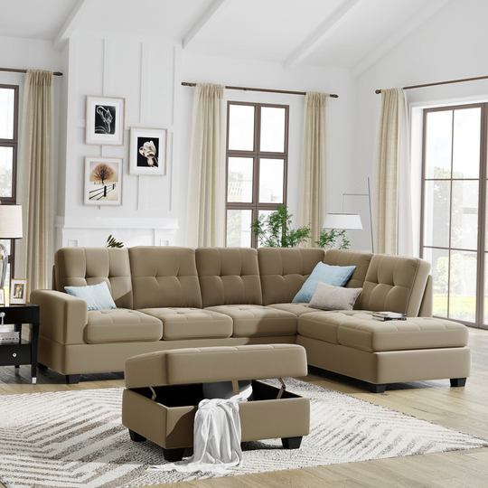 L-shape Sectional Sofa with Storage Ottoman,Velvet Upholstery,Brown