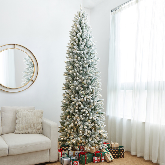 Glitzhome 9ft Pre-Lit Flocked Pencil Fir Artificial Christmas Tree with 600 Warm White Lights