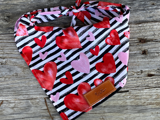 Dog Bandanas, Red Hearts Stripe Bandana Traditional Tie Personalized Leather Name Tag Over Collar, Pet Accessories