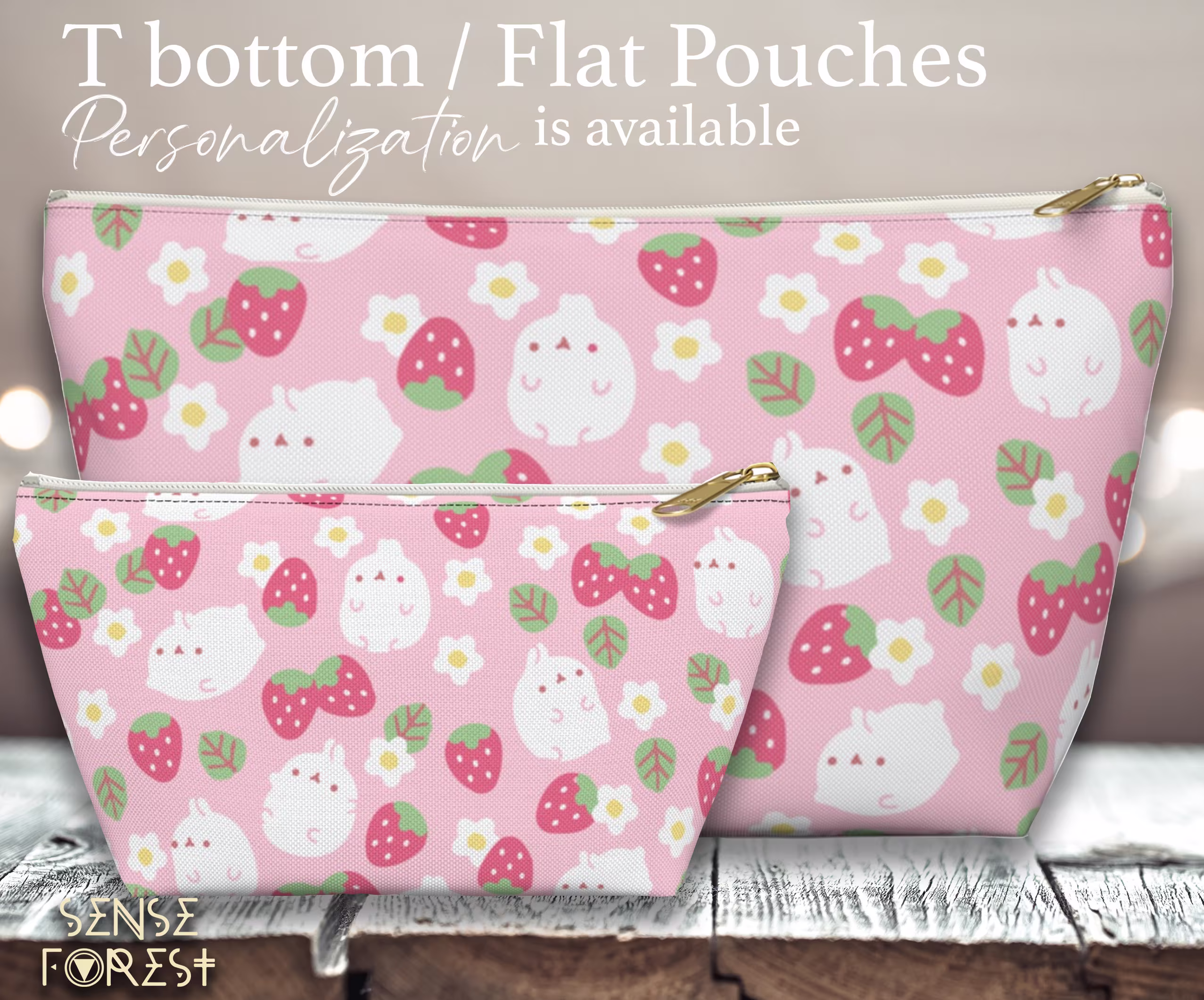 Kawaii Pink Bunny Strawberry Pencil Pouch, Cute Cosmetic T Pouch, Travel Makeup Bag, Crystal Zipper Toiletry Organizer