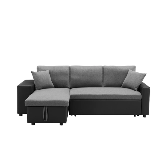 92.5" Gray Linen Reversible Sleeper Sectional Sofa with storage and 2 stools