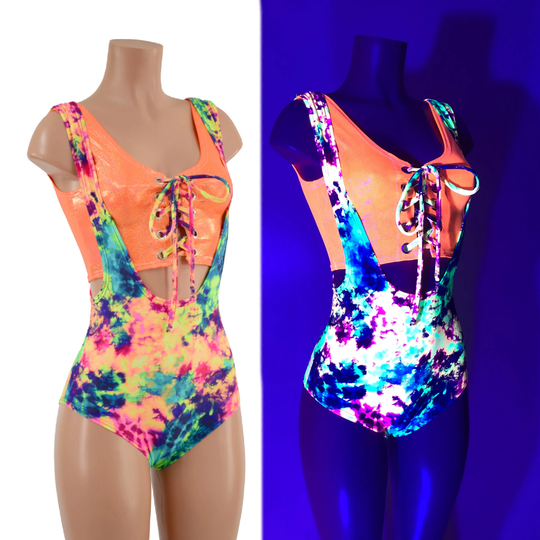 Neon Acid Splash Suspender Romper With Orange Lace Up Mini Crop Tank. Tie in 157657