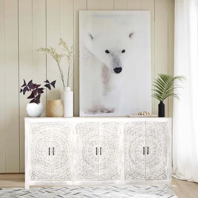94 Inch White Wash Bohemian Hand Carved Sideboard Cabinet Solid Wood