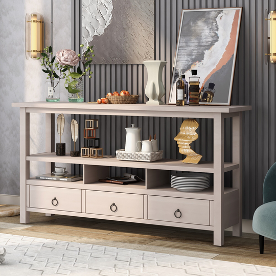 Rustic Console Table with Double-Storey Tabletop and Intermediate Compartments Shelf, Sofa Table with 3 Drawers, Gray Wash