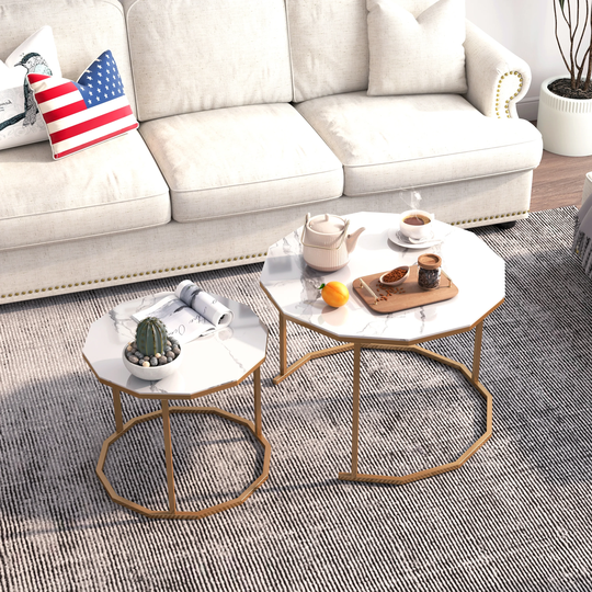 EYIW 25.6 " Marble Coffee Table End Table, 12-gon Shape Marble Top and Black Metal Legs