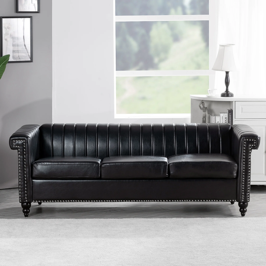 82.5" Traditional Square Arm Removable Cushion 3 Seater Sofa, PU Leather Seat Cushions Nailheads Sofa with Gourd Wood Legs