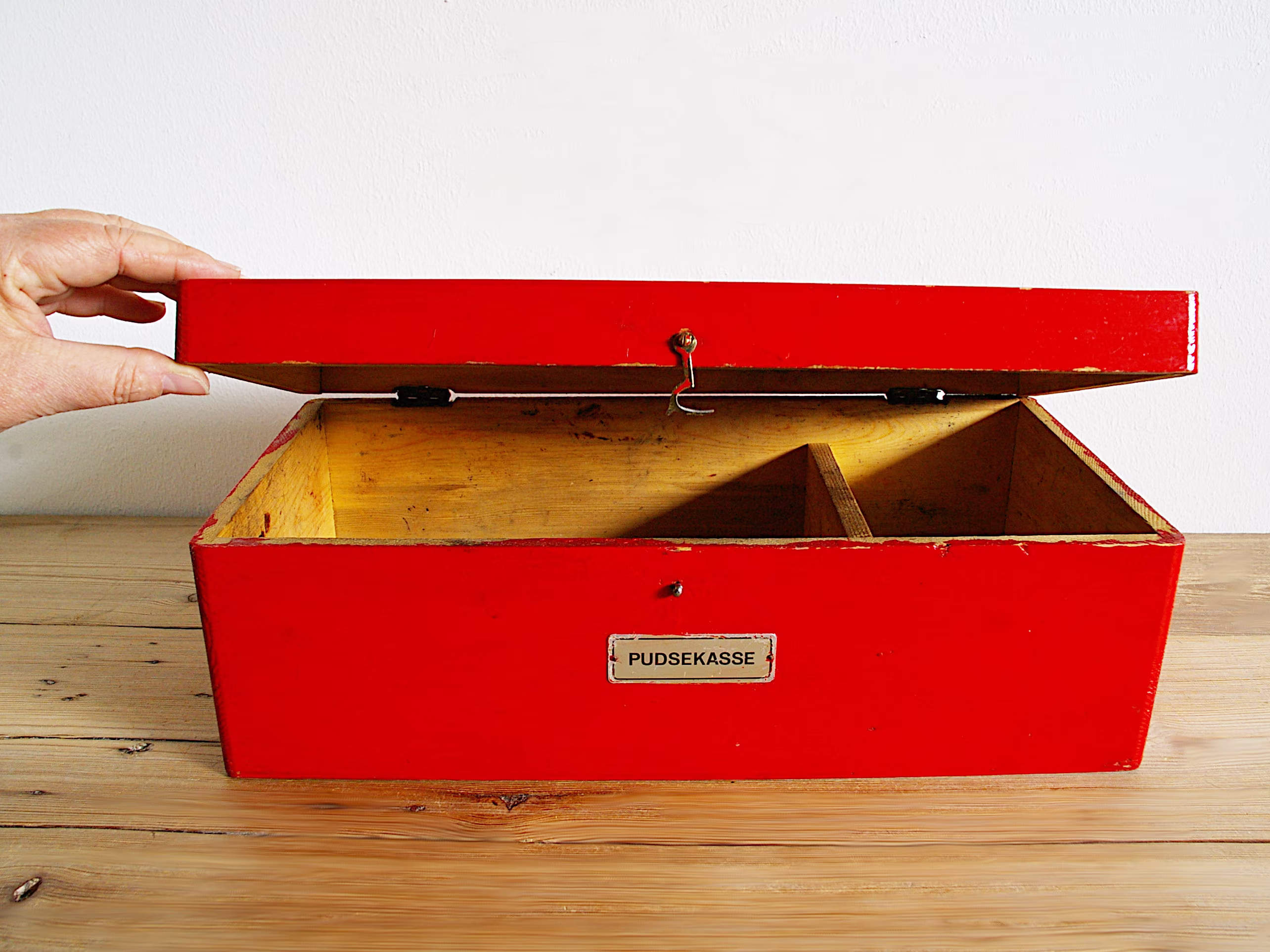 Vintage Red Painted Wooden Box With Lid & Clasp, Divided Shoe Shining Storage Box, Desk Organizer, Office Storage, Sewing Supply