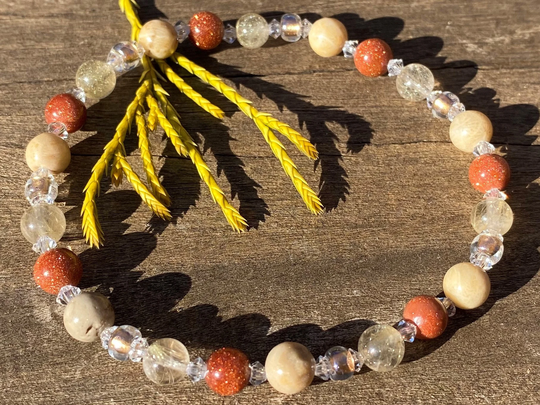 Golden Rutilated Quartz, Petrified Coral & Goldstone Healing Stone Bracelet Or Anklet