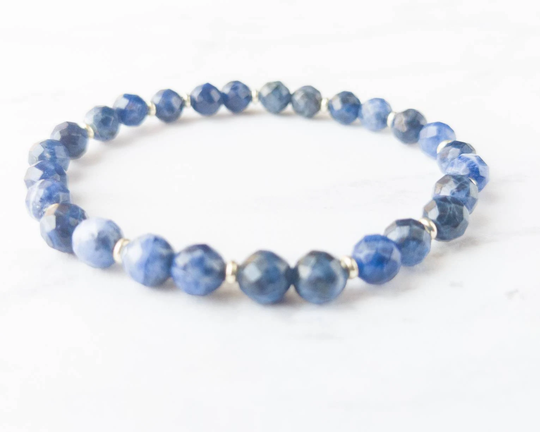 Delicate Sodalite Semi-Precious Gemstone Bracelet | 6mm Faceted Blue Elastic Stackable